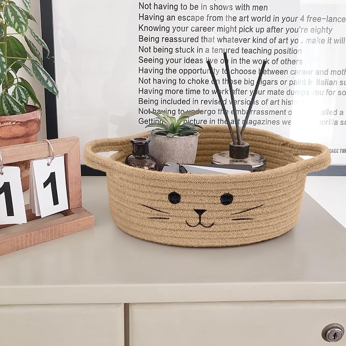 Small Woven Rope Cat Toy Basket with Cat Face Design, Jute | 9.8" x 4" Cute Cat Basket with Handles, Small Toy Bin & Box for Living Room & Nursery, Natural Instinct Basket for Cats Dogs