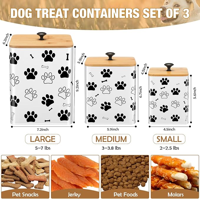 Reallnaive Airtight Dog Treat Container Set of 3 with Bamboo Lids Metal Treat Jars for Countertop Decorative Pet Snack Food Storage Canister Kitchen Biscuit Holder(White)
