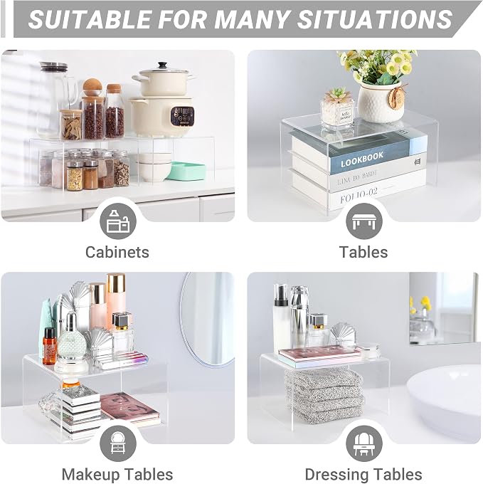 Clear Acrylic Cabinet Organizer Shelf 4Pcs, Stackable Cabinet Shelves, Dish Organizer for Cabinet, Kitchen Cabinet Organizer Riser, Pantry Cupboard Storage for Spice Bottles, Mugs, Small Plates & Jars