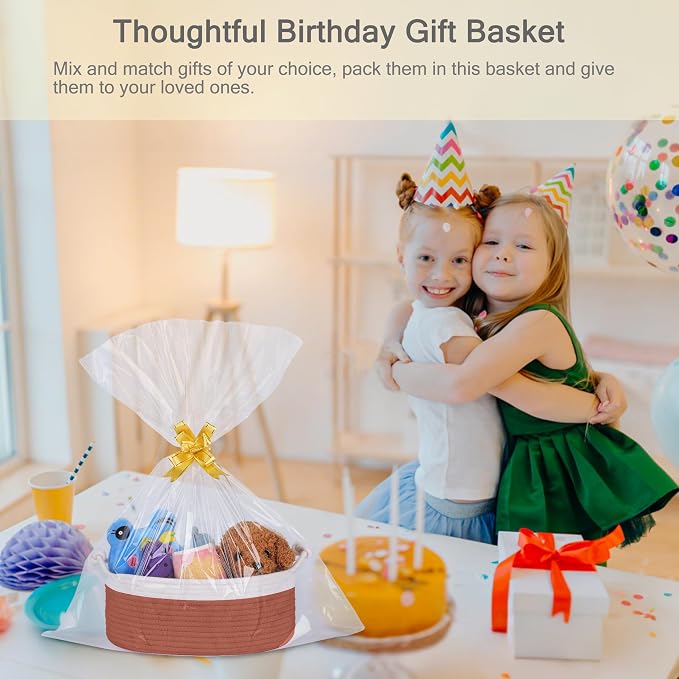 Small Empty Gift Basket with Bag & Ribbons, White&Autumn Glaze | 12“x8”x5”, Cotton Rope Woven Basket for Birthdays, Baby Showers, Mother's Day, Christmas; Stores Small Items, Kids & Pet Toys