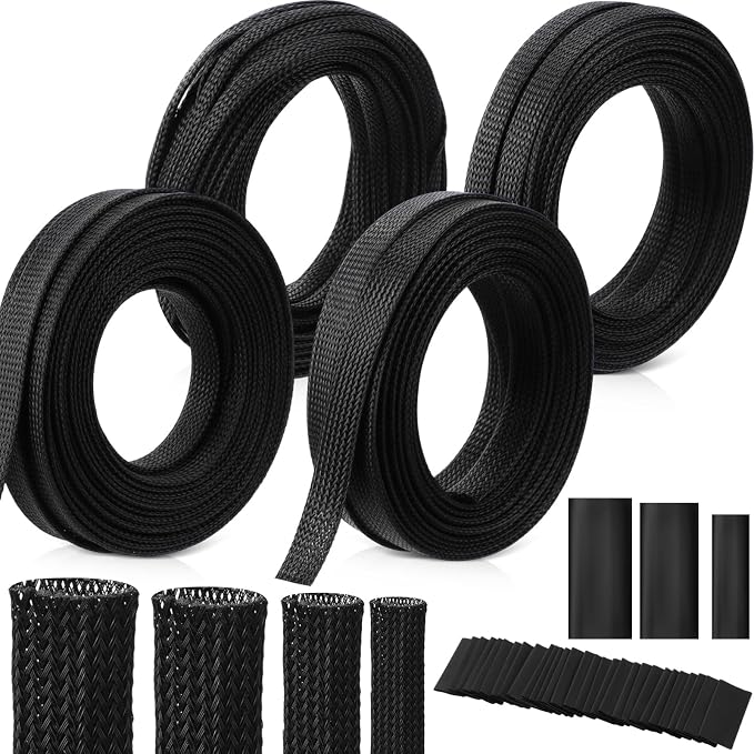 Tatuo 151 ft Braided Cable Sleeve Expandable Wire Sheathing(Black) | with 120 Heat Shrink Tubing 1/4 in 2/5 in 1/2 in 3/4 in Wire Sleeve Cord Management for Television Audio Computer Video Pets