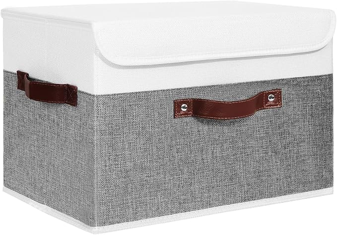 ANMINY Fabric Storage Box Bins with Lids, Gray White, 15"x10"x10" | Keepsake Memory Storage, Cotton Linen, PP Board Reinforced, Washable, PU Handles, Foldable & Stackable, Decorative, Large