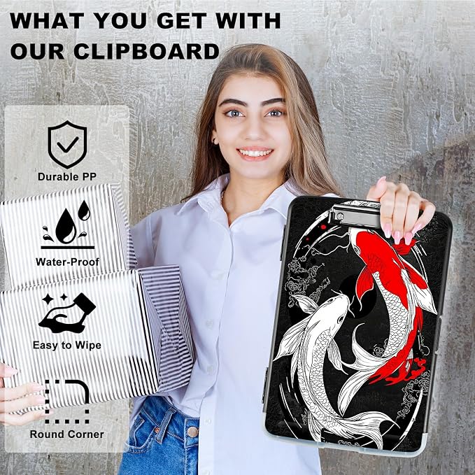 Red White Fish A4 Clipboard with Storage Pen Holder, Clipboards Organizer Nursing Clipboard Foldable File Folder Plastic Clipboard Folio Clip Board for Office Students Classroom Doctor