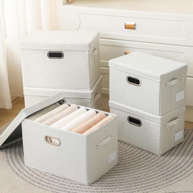 Large Collapsible Storage Bins with Lids [3-Pack] Fabric Foldable Storage Boxes Organizer Containers Baskets Cube with Cover for Home Bedroom Closet Office Beige(17.3x11.8x11.8)