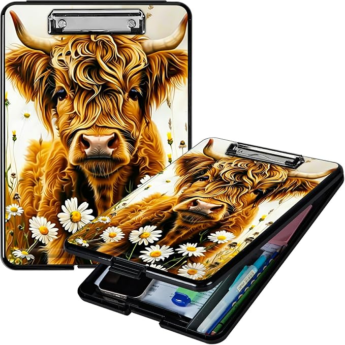 Flower Yellow Cow A4 Clipboard with Storage Pen Holder, Clipboards Organizer Nursing Clipboard Foldable File Folder Plastic Clipboard Folio Clip Board for Office Students Classroom Doctor