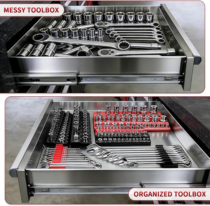 Magnetic Socket Organizer Set, 8PCS Socket Holder, 6 Socket Trays & 2 Wrench Racks, Metric & SAE Tool Box Organizer for 1/4", 3/8", 1/2" Sockets for Toolbox Storage(Socket, Wrench not Included)