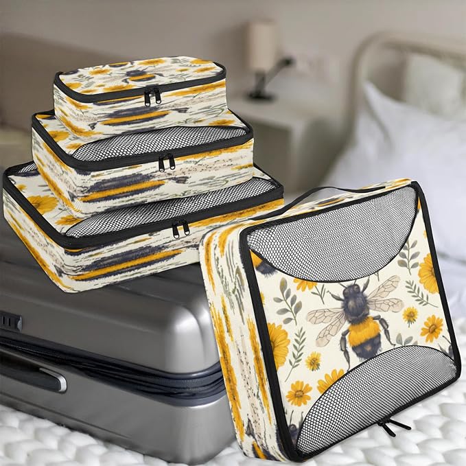 4 Set Packing Cubes for Travel, Bumble Bee Packing Cubes for Women, Travel Luggage Packing Organizers, Packing Cube Set, Honeybees Flowers