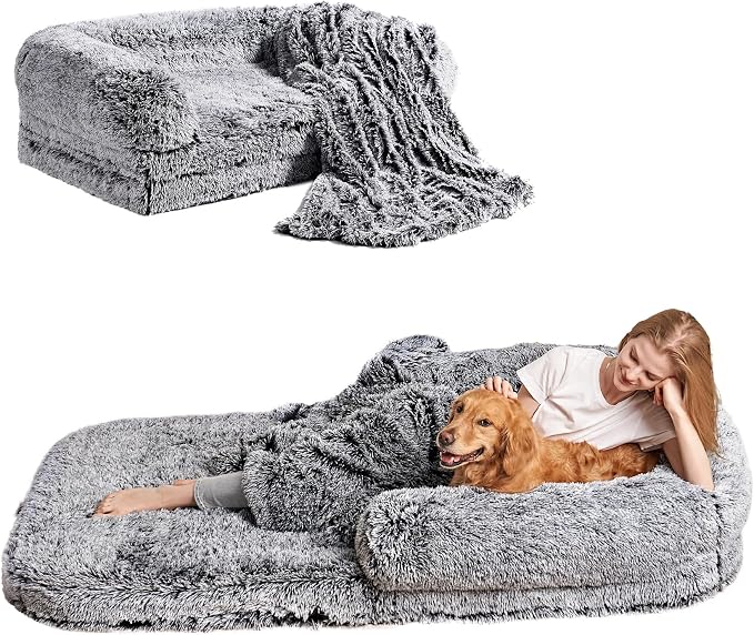 EHEYCIGA Orthopedic Foldable Human Dog Bed - 72x44x11, Faded Black | Memory Foam Human Sized Dog Bed, Waterproof Pet Bed for People, Faux Fur Pet Couch for Adult with Non-Slip Bottom