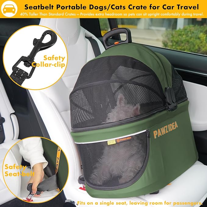 PAWZIDEA Portable Small Dog Crate for Car Travel Up to 33lbs, No-Zip Canopy | Enclosed Dog Car Seat Escape-Proof, Soft-Sided Small Medium Puppy Cats Car Kennel, Foldable Pet Carrier by Seatbelt, Top-Load