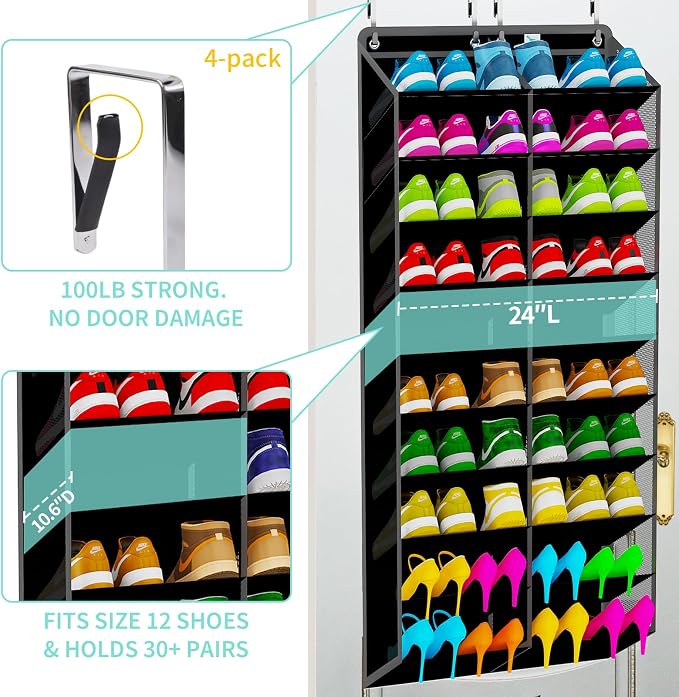 Large Shoe Rack for Door 74 x 24 Inches, Over the Door Shoe Organizer, Heavy-Duty Hanging Shoe Storage for Closet, Extra-Wide 30 Pairs Shoe Holders Fit Family Sneakers Heels Boots - Black