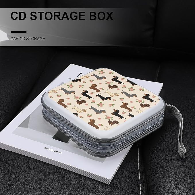 Hard Shell DVD CD Organizer Cute Dachshund Floral, 40-Disc Storage Binder with Zipper Closure, Portable Protective Case for Travel Home