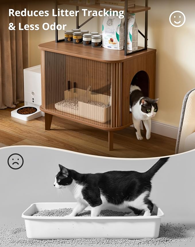 66" Cat Litter Box Enclosure,Hidden Litter Box Furniture with Shelves,Wooden Cat Washroom and Pet House with Sliding Tambour Door for Living Room,Walnut