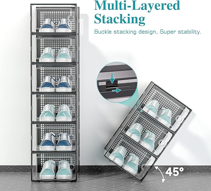Kuject 12 Pack Large Shoe Boxes, Clear Stackable Containers with Lids,Black | Shoe organizers for closet & entryway, under-bed,Drop-front design fits women's size 10