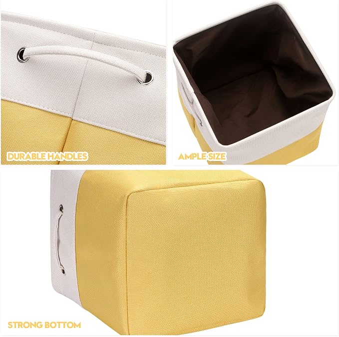 Sea Team Open-Top Canvas Storage Cubes with Handles, 11-Inch, 3-Pack | Collapsible Storage Bins, Fabric Baskets, Closet Shelf Organizers for Home and Office, Yellow & White