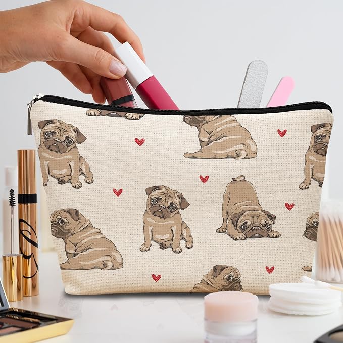 Pug Dog Makeup Bag, Pug Lovers Gifts Cosmetic Bag for Women, Dog Mom Lovers Owner Gifts for Women, Pet Lover Gift Zipper Travel Makeup Pouch for Purse