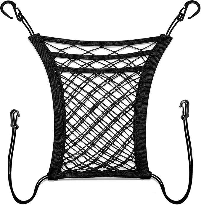 3-Layer Car Mesh Organizer - Backseat Storage & Pet Barrier for Small Dogs | 11"x8.3" net fits headrests or between seats. Holds bottles, umbrellas, tissues, toys. Keeps small dogs (<22lb) from front.