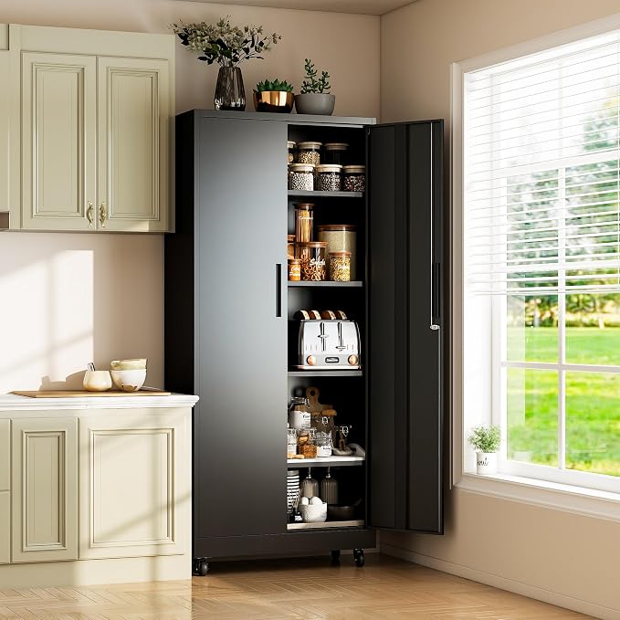 Metal Storage Cabinet for Garage, Tool Cabinet, Utility Cabinet | with Wheels, Tall Tool Cabinet, Lockable, 2 Doors, 4 Adjustable Shelves, Assembly Required, Black