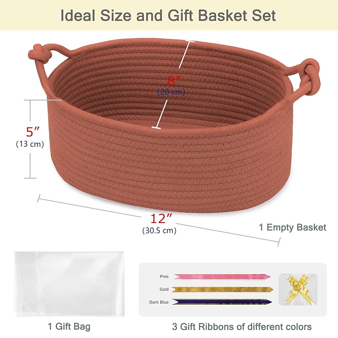 Small Empty Gift Basket with Bag & Ribbons, Autumn Glaze | 12“x8”x5”, Cotton Rope Woven Basket for Birthdays, Baby Showers, Mother's Day, Christmas; Stores Small Items, Kids & Pet Toys