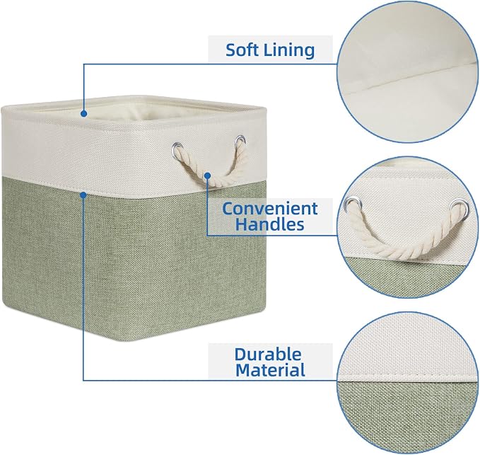 Temary Cube for Shelves 11 Inch Bin 4Pack Fabric Storage Baskets for Organizing Toys, Clothes, Decorative Baskets with Rope Handles (White&Green)