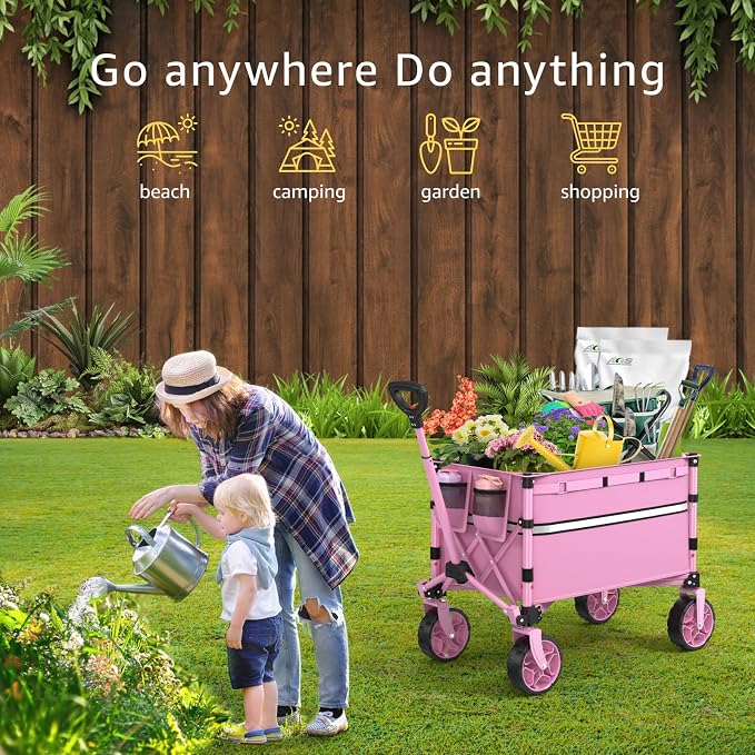 ROSONG Collapsible Wagon Cart with Wheels Foldable - Folding Utility Heavy Duty Wagons Carts for Grocery Sports Garden Shopping Camping Wheelbarrows (Pink, 120L)