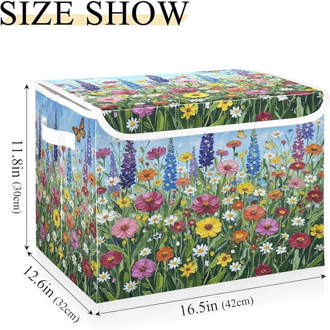 Fabric Storage Bins with Lid Spring Floral Closet Storage Basket 40L | Decorative Storage Boxes, Foldable & Stackable, Dust-Proof Flip Top, Reinforced Handles, For Home & Dorm, Clothes & Toy Box