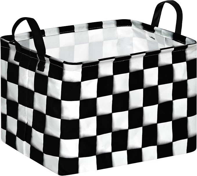 Rectang Checkered Flag Storage Basket Gift Shelf Basket Storage Bin, Nursery Basket Organizer Box for With Handles for Room Deco
