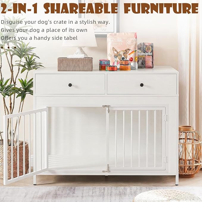 LEMBERI 44 Inch Large Dog Crate Furniture with 2 Storage Drawers, Wooden Dog Kennel Furniture as End Table, Decorative Pet Cage Dog House Indoor for Dogs, White