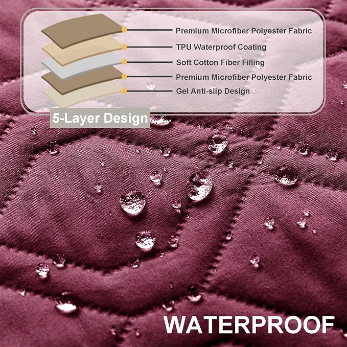 Recliner Armrest Cover with Headrest, Chair Armrest Slipcover with Side Pockets, Water-Resistant, Non Slip Furniture Protector for Pets (Wine Red,3 Seater 5PCS)