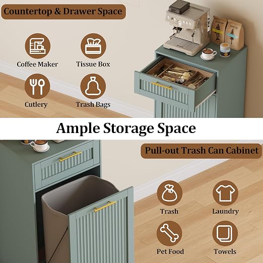 13 Gallons Pull Out Trash Can Cabinet, Hidden Trash Can, Green | Fluted Kitchen Trash Cabinet with Drawer, Freestanding Garbage Pet Proof Trash Can Holder for Laundry, Living Room