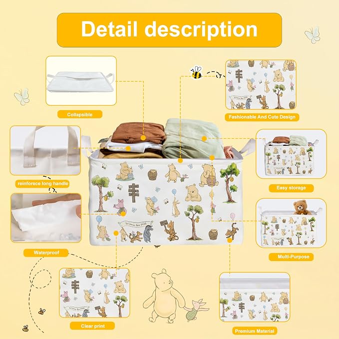 Winnie Storage Nursery Basket,Large squarecanvas Laundry Hamper WithWinnie baby Stuff A Waterproof PECoating, Foldable, Bathroom and Bedroom SetClothes ,Toys Bin, Baby Nursery HamperDecor