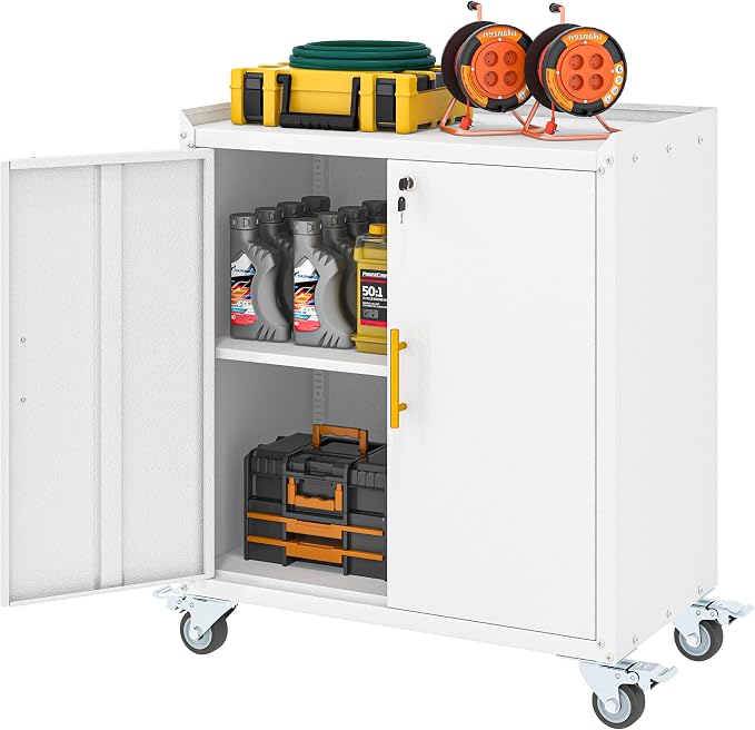 GAIOUS 35.6'' Tall Metal Garage Storage Cabinet with Wheels,Rolling File Cabinet with Lock and Adjustable Shelves,Outdoor Steel Tool Cabinet for Home,Office,Garage,White