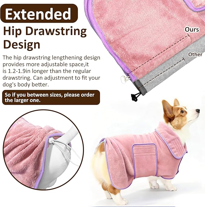 Soft Dog Bathrobe Fast Drying Dog Coat, Super Absorbent Dog Towels for After Bath, Microfiber Pet Robe Adjustable Collar & Belly Warm Keeping Dogs Coat for Pet Dogs & Cats (Pink, Small)