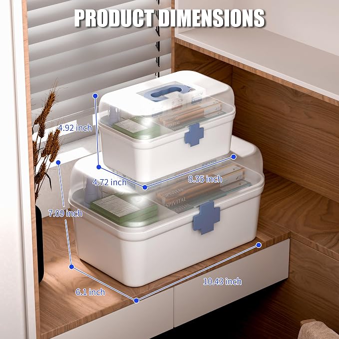 2-Pack Medicine Storage Box Separate Adult Child Medication | See-Through Lid, Prevents Mix-Ups, Small & Large Medicine Cabinet Organizer, Portable First Aid Box with Handle & Tray