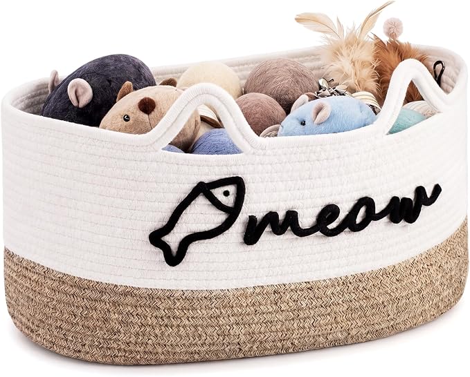 Cat Toy Basket with Cat Ear Handles, 19.5 x 11 x 9 in Woven Cats Toy Bin, Large Two-tone Cotton Rope Storage Box, Meow Words Organizer for Toys, Blankets, Home Decor (White, Linen)