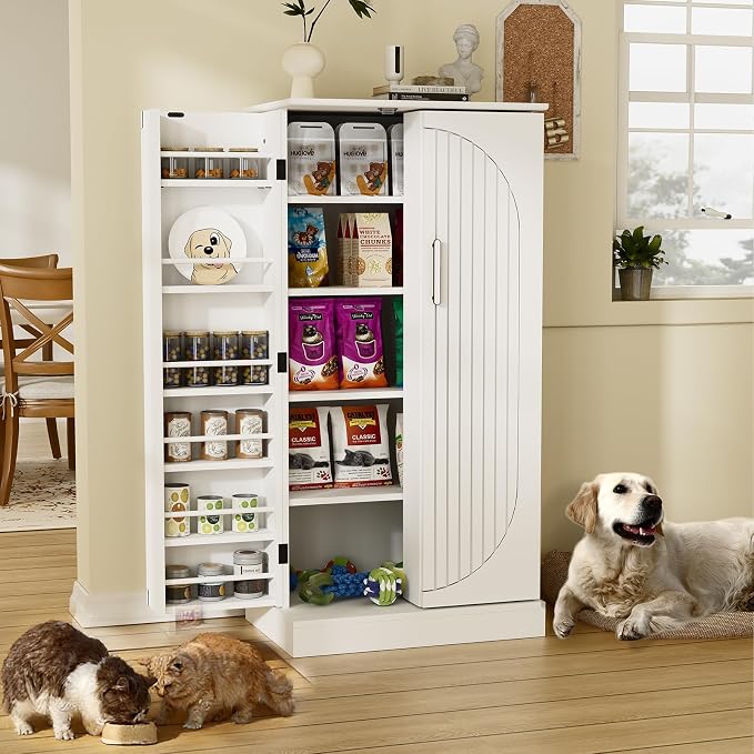 Saudism 47" Dog Food Storage Cabinet with Adjustable Shelves, White | Freestanding Pet Storage Container Organizer for Living Room and Dinning Room