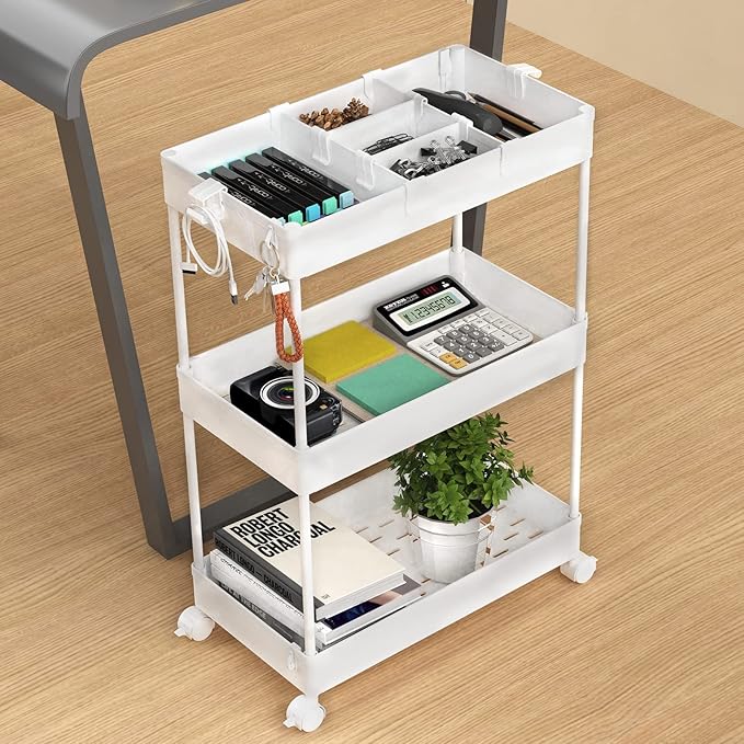 3 Tier Rolling Cart with Wheels, Storage Craft Art Trolley Organizer Serving, 3 Hanging Baskets Easy Assembly, for Office, Bathroom，Living Room, Kitchen, White