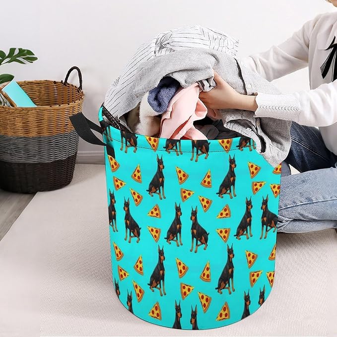 Foldable Clothes Hamper with Handles Doberman Pinscher Turquoise Pizza, Waterproof Laundry Basket for Bedroom, Bathroom, and Toy Storage Needs