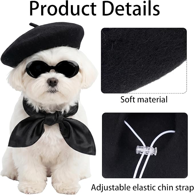 Dog Beret Set Including Dog Beret Satin Scarf Funny Glasses Pet French Artist Beanie for Small Dogs Cats Halloween Christmas Cosplay Party (Black)