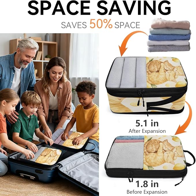 Cute Cats 6 Set Compression Packing Cubes Fruit Lemons Expandable Packing Organizer for Travel Accessories Luggage Suitcase Bag