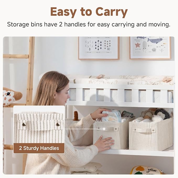 StorageWorks Narrow Storage Bins, Khaki and Beige Stripes, 2-Pack | With Metal Frame, Sturdy Structure, Reinforced Handles, Long Basket for Toilet Paper, For Bathroom, Closet, Shelf