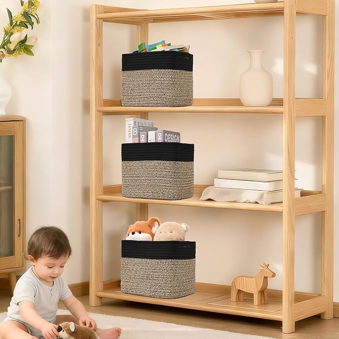 3 Pack Cube Storage Bin, 9”x9”x7” Cotton Rope Woven Baskets for Organizing Toys Clothes Towels, Square Gift Storage Baskets for Shelves, Nursery, Closet, Bathroom, Pantry (Black & Brown)