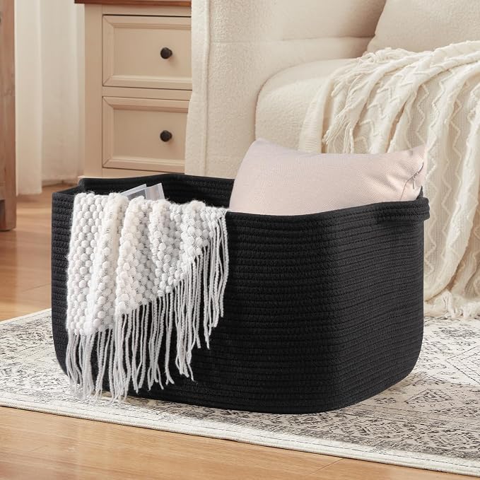 OIASKET 70L Large Blanket Basket, 21.6" x 16.9" x 11.8" Woven Storage Basket for Living Room, Nursery Blanket Storage for Toys, Towels, Dirty Clothes (Black)