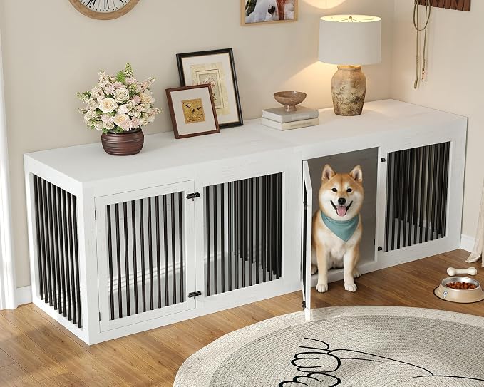 AMERLIFE Dog Crate Furniture for Medium/Large Dogs with Storage and Divider | 3-in-1 Corner Dog Kennel, Space-Saving Heavy Duty Large Cage, White