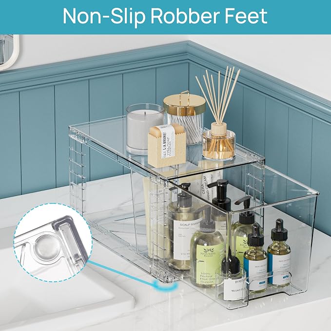 Vtopmart Clear Stackable Storage Drawers, 6 Pack Tall Organizer Set | Tall, Medium and Small Pull-Out PET Drawers with Stackable Design for Bathroom Under-Sink Storage and Vertical Organization
