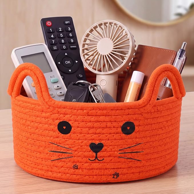 Zopeal Cat Storage Basket Woven Organizer with Ears Decorative Gift Cute Cotton Rope Pet Toy Basket for Gift Cat Dog Toy Bin Nursery Room(8.3 x 4.7 Inch,Orange) | Cute Cotton Rope Organizer with Handles for Toy Box, Nursery Decor, Decorative Bin, Pet S...