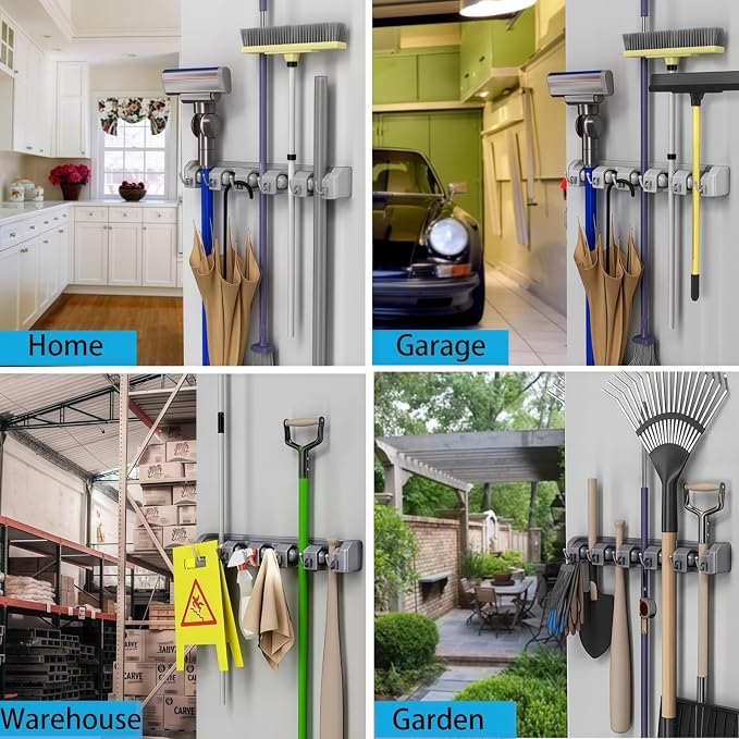 Broom Holder Wall Mount with Hooks & Slots, Wall Hanger for Home | Heavy Duty Mop Holder Wall Mount for Shovel, Rake Hang | Garage, Home Storage, Kitchen, Laundry & Shed