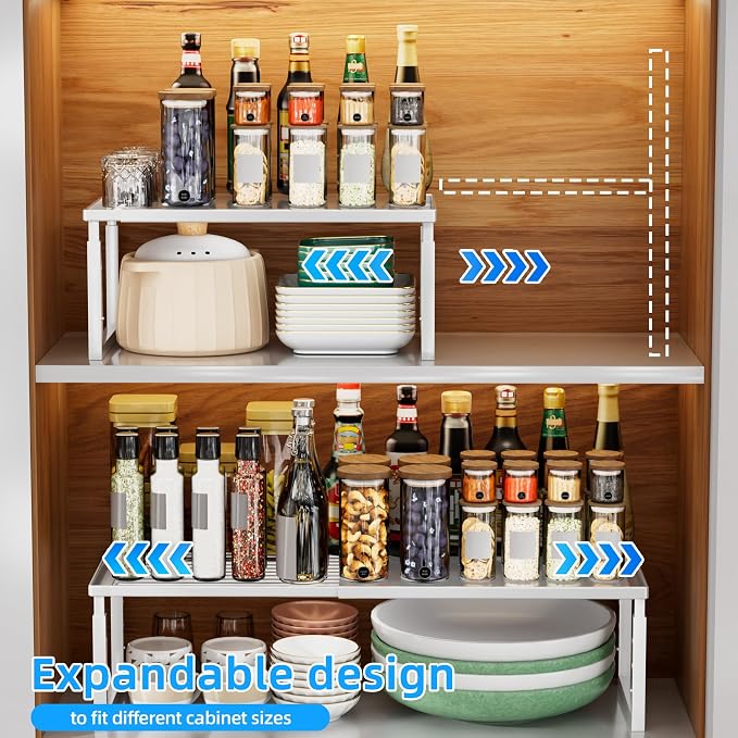 Cabinet Shelves, 4 Pack Stackable Shelves for Pantry Storage | Expandable & Height Adjustable Cabinet Organizer Shelf | Metal Shelf Organizer | White Spice Rack for Pantry Storage