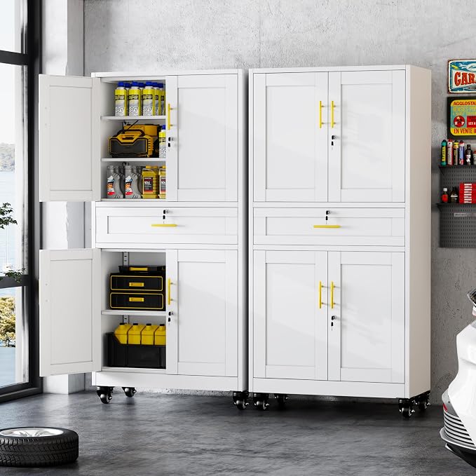 GAIOUS Metal Garage Storage Cabinet with Wheels and Drawer, Steel File Cabinet for Home Office, 74'' Tall Tool Cabinet with 4 Locking Doors and 3 Adjustable Shelves, Rolling Cabinet for Garage - White