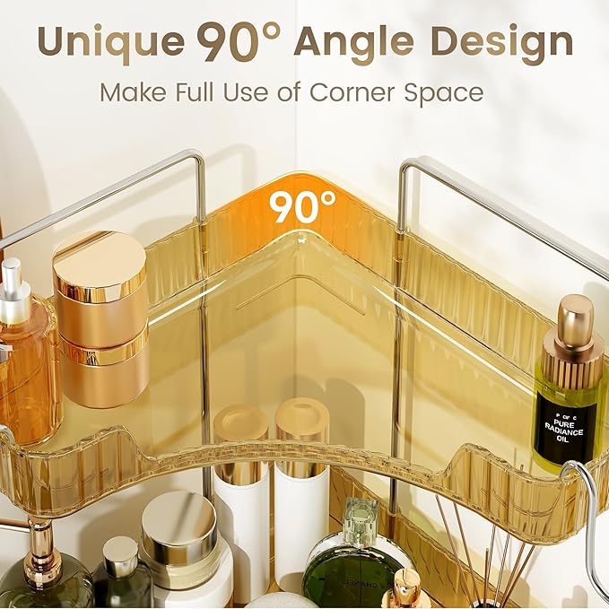 3 Tiers Bathroom Corner Organizer,Bathroom & Kitchen Storage Tray | Storage Countertop with Hooks Skin Care Exquisite Vanity Organizer Countertop Bathroom Storage Dresser, Kitchen-Gold