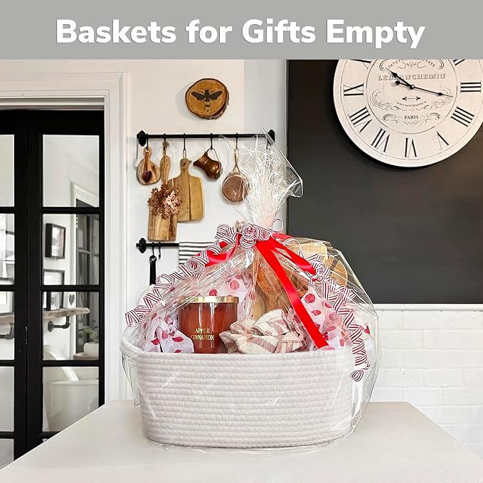 CHICVITA Small Woven Rope Gift Basket, Decorative Shelf Basket, White | 13" x 10" x 5" Storage Baskets for Toys, Diapers & Baby Showers, Fits Nursery & Bathroom Organization, Built-In Handles